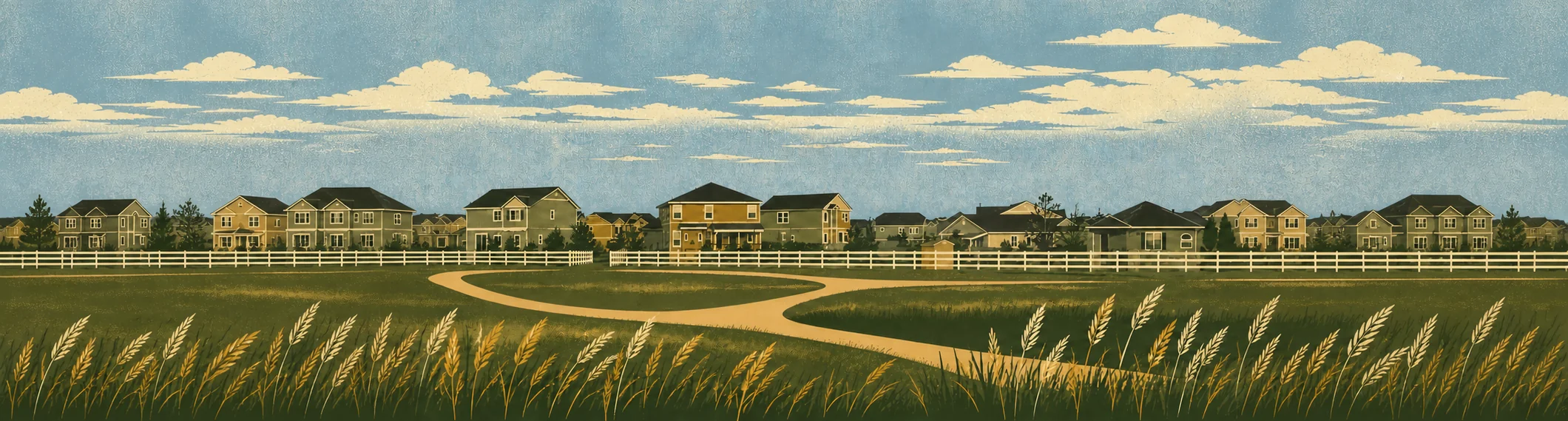 Illustrated panorama of Feathergrass homes along the white ranch fence above the community park and walking trail