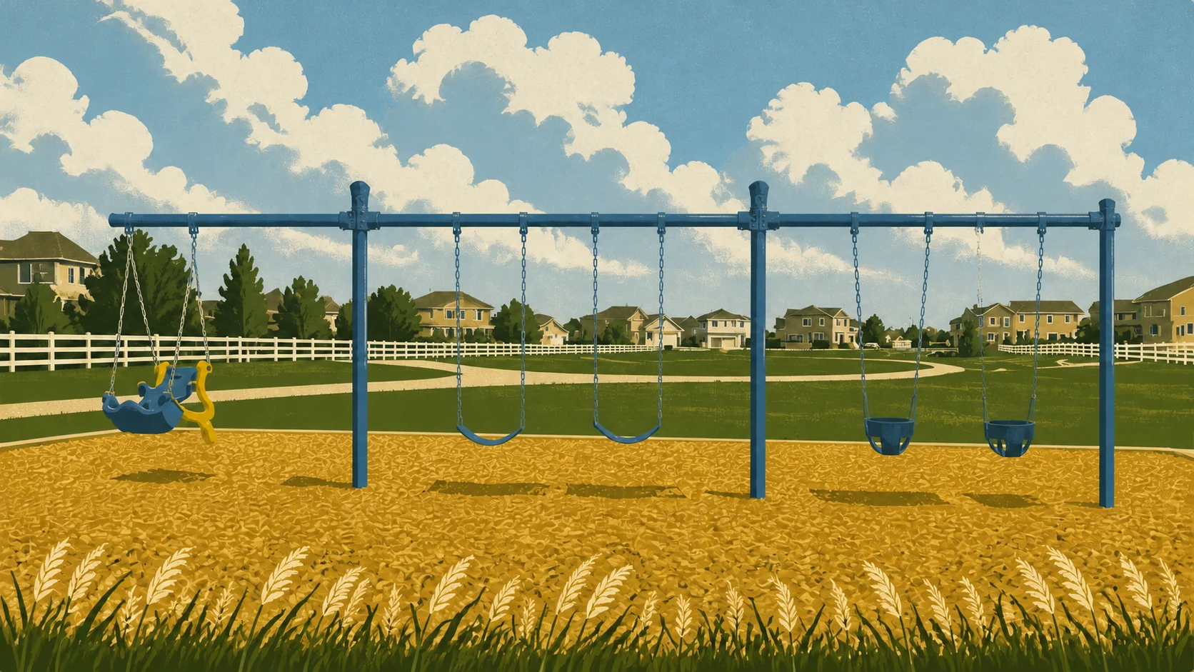 Illustrated view of the park swing set with the walking trail curving through the open green space